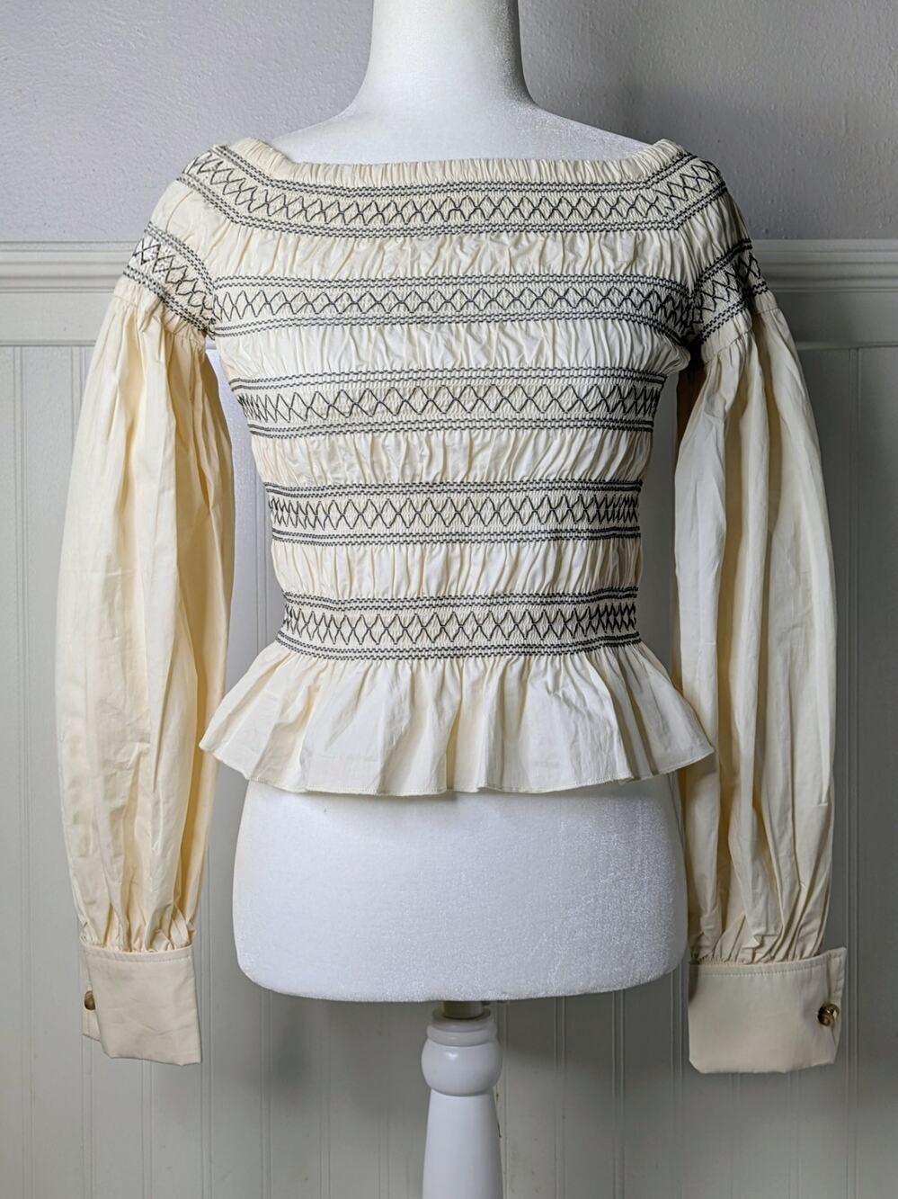 Max Mara Walk Off Shoulder Top 4 Cream Black Cotton Smocked Embroidered NWT